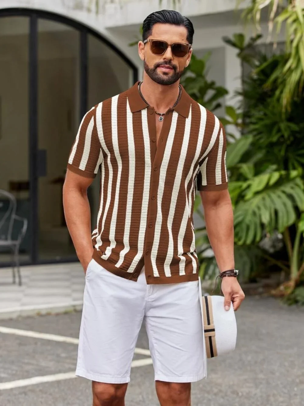 Men's Caramel & Beige Knit Striped Polo Short Sleeve Summer Beach Casual Shirt - Picture 4 of 6